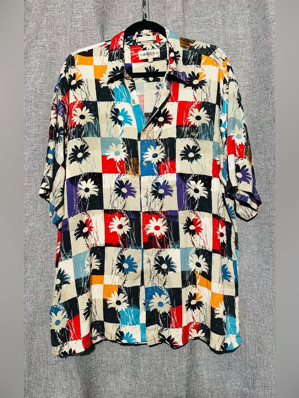 Vintage Campia Moda Colorblock Checkerboard Patchwork Daisy Shirt